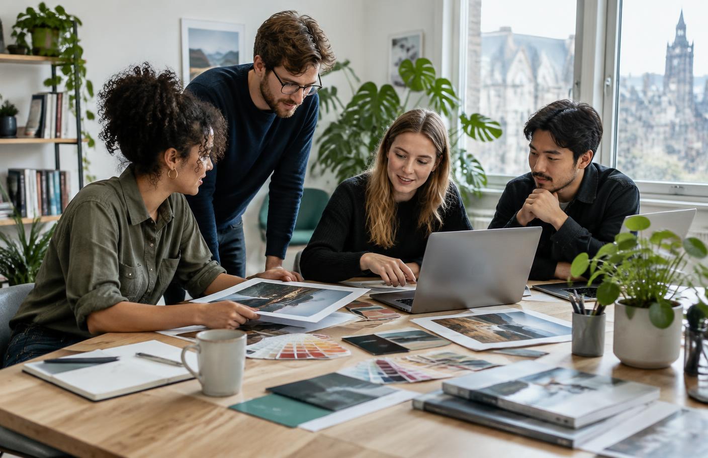 A creative team collaborating in a bright studio